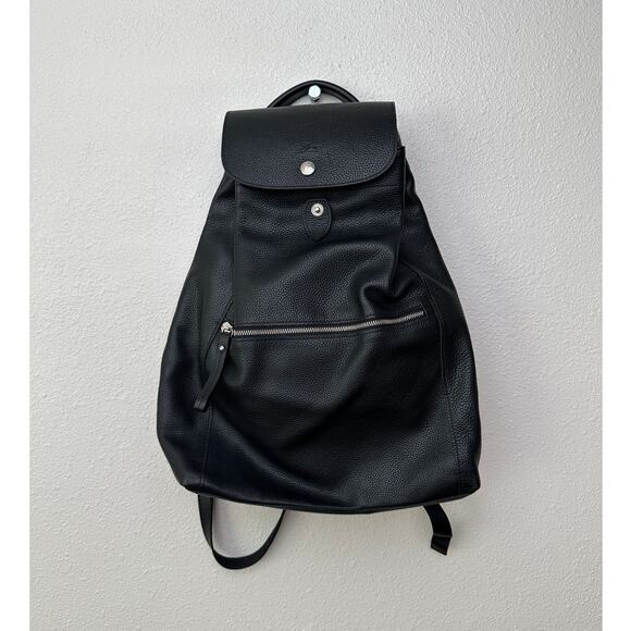 Longchamp Black Leather Le Foulonné Backpack Medium Silver Hardware - Picture 1 of 12